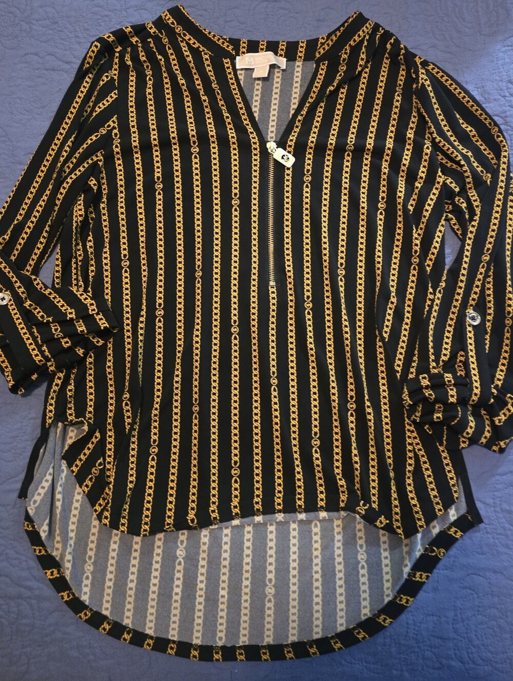 Michael Kors Women’s Tunic Blouse Black Gold Chain Striped Pattern Blouse